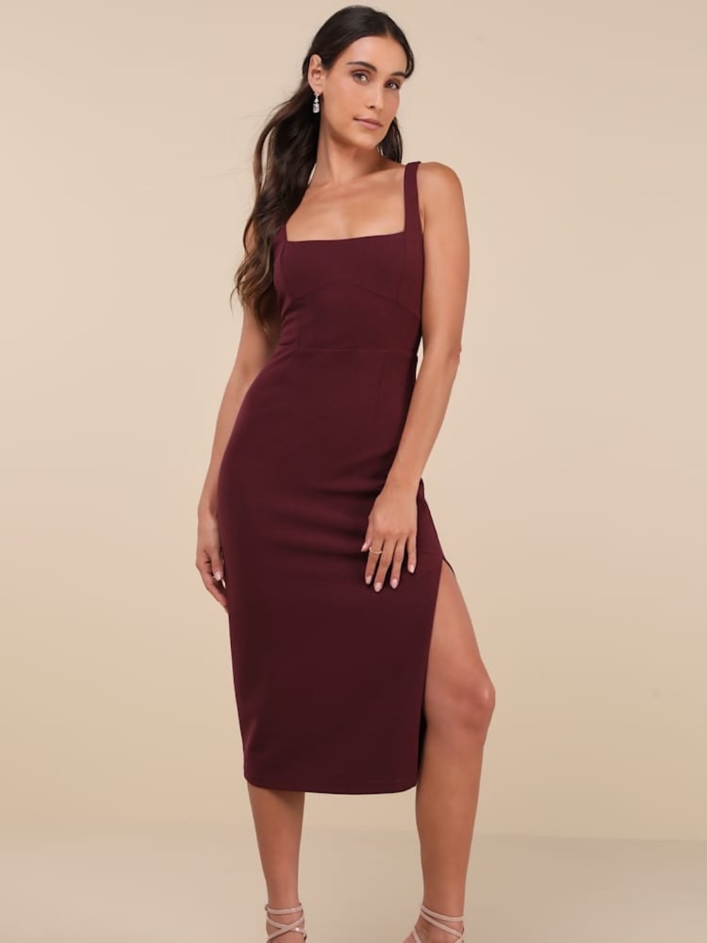 NWT Lulus Vibrant Allure Plum Square Neck Sleeveless Bodycon Midi Dress